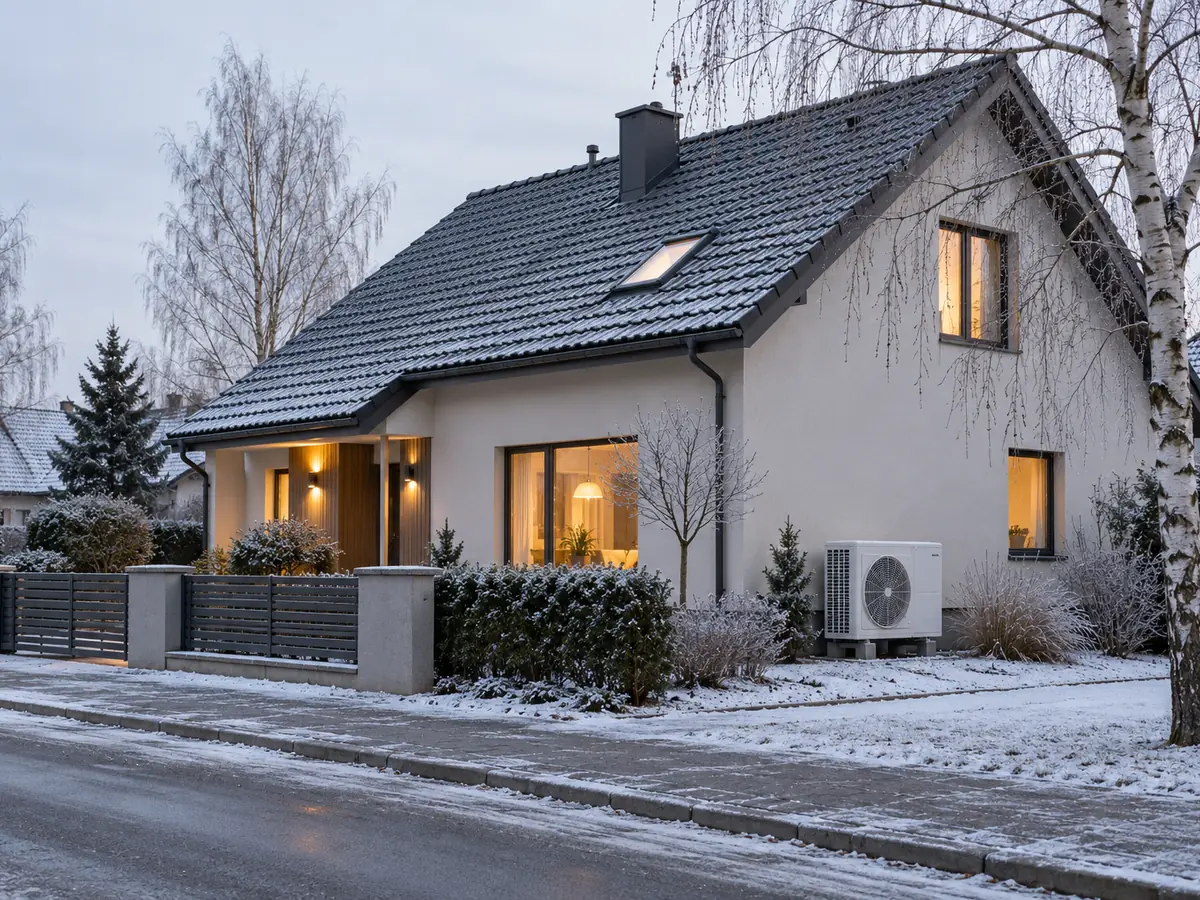 Detached house on a frosty morning with a heat pump unit by its side wall