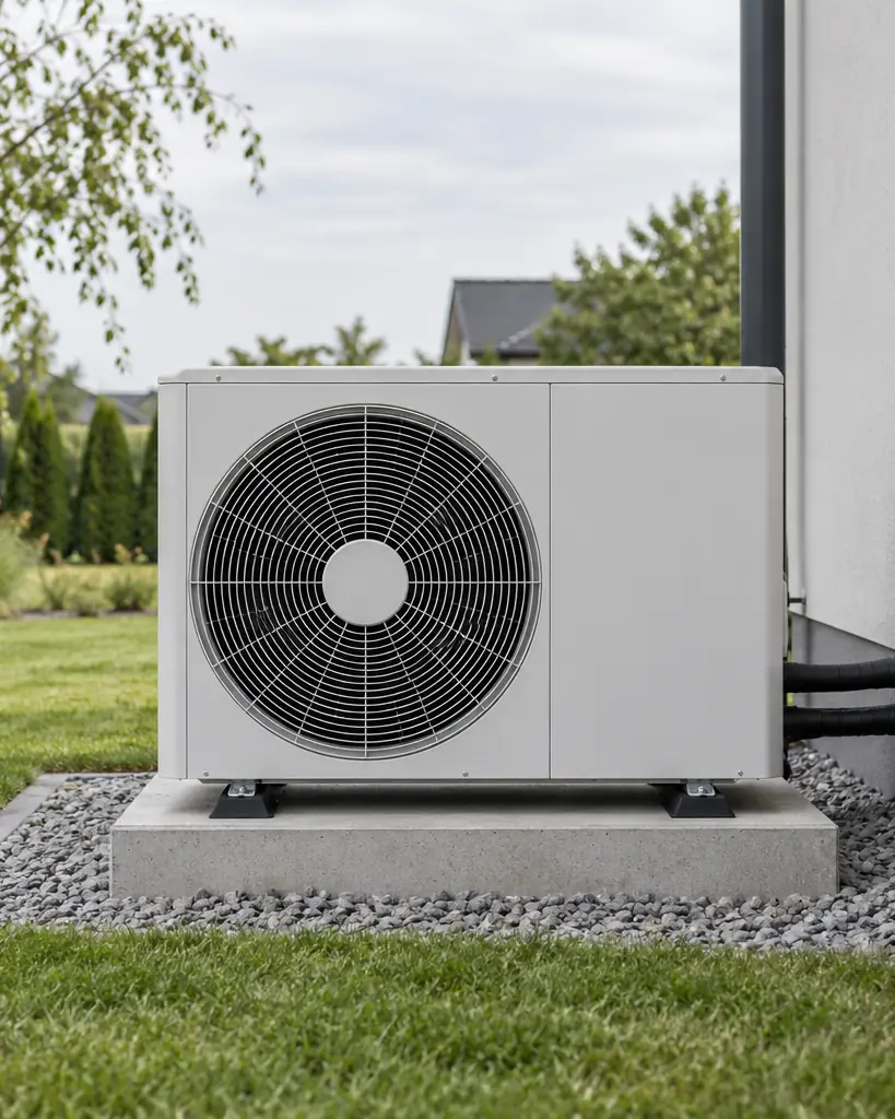 White outdoor heat pump unit on a concrete base beside a house wall
