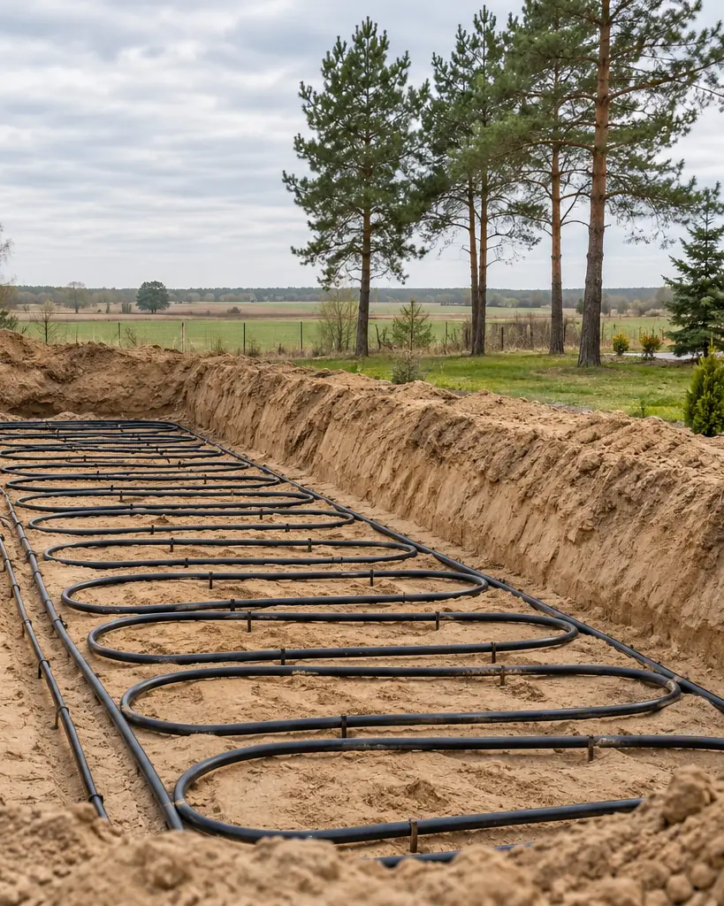Garden trench with coiled ground loop pipes for a ground-source heat pump