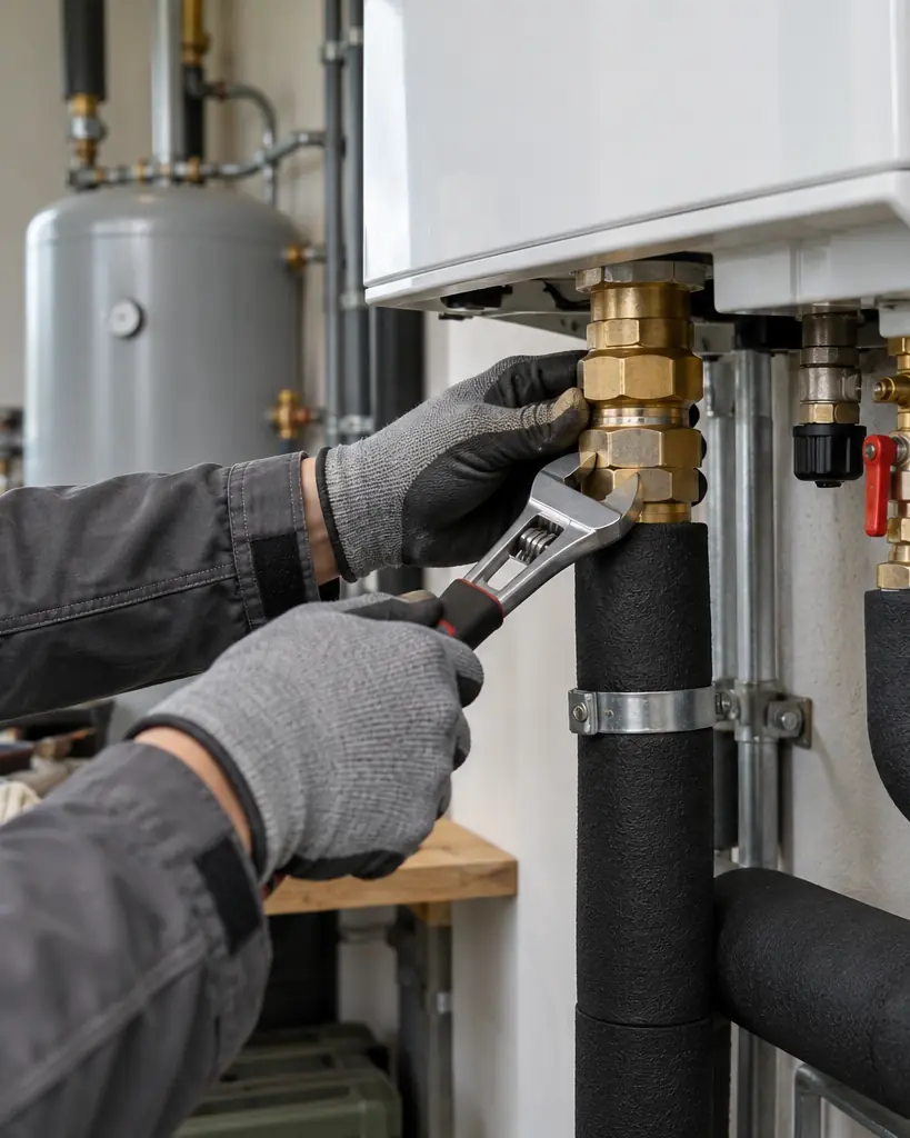 Gloved hands tightening a fitting on insulated heating pipes