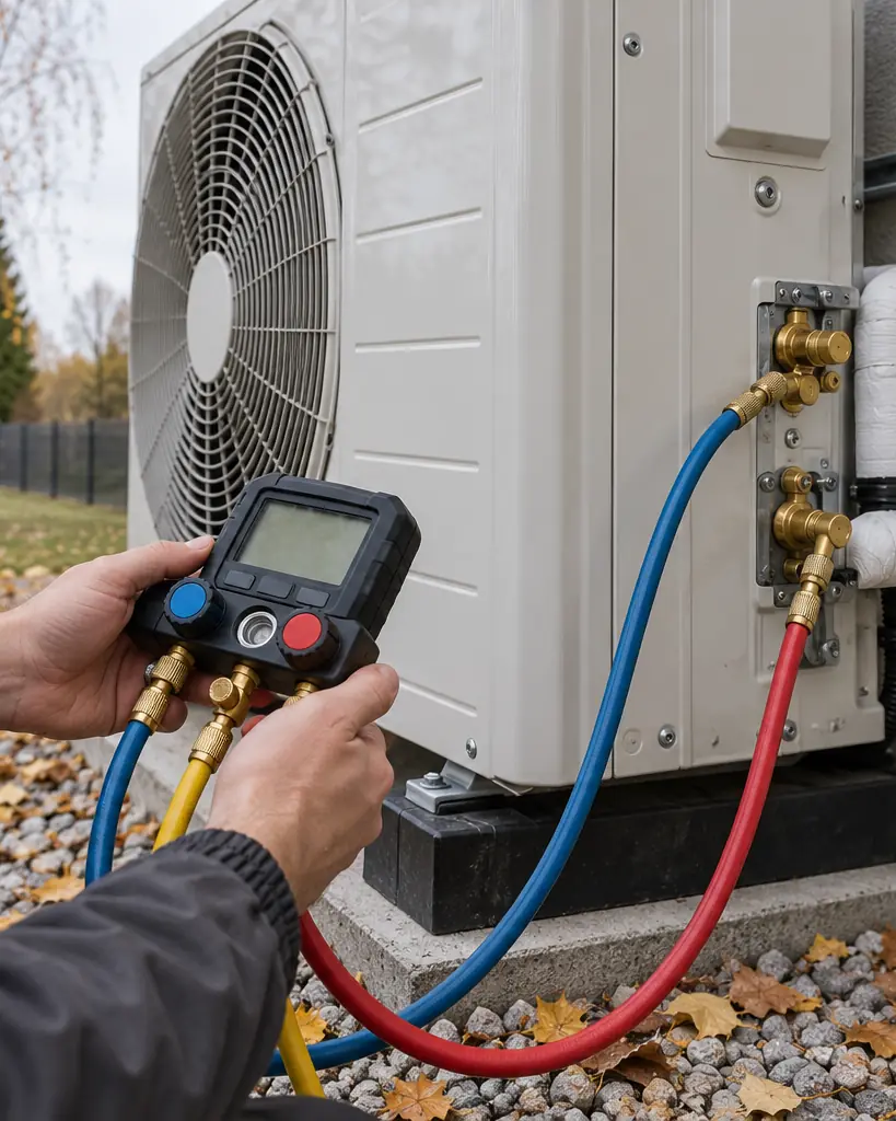 Hands checking an outdoor heat pump unit with a pressure gauge