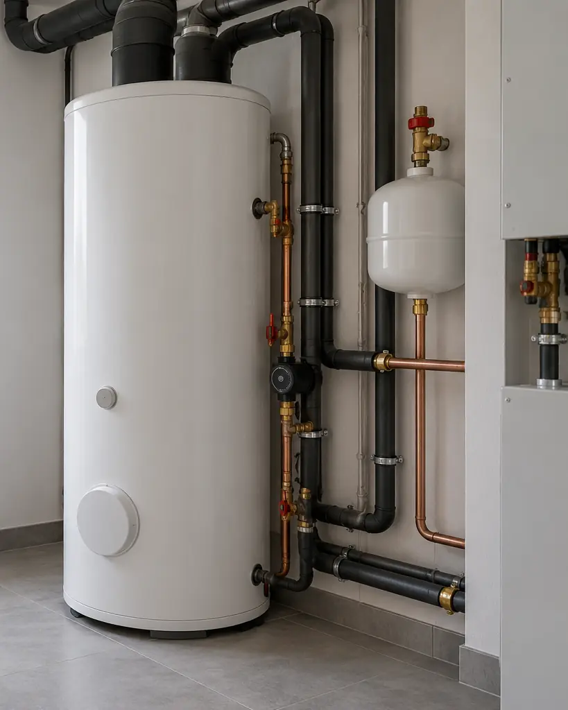Hot water heat pump cylinder in a clean utility room